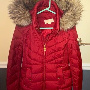 Michael Kors Red Puffer Coat with Faux Fur Trim